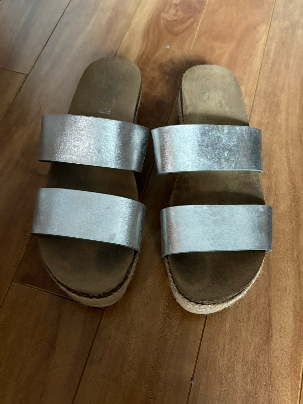 Metallic Silver Double-Strap Women’s Slide Sandals